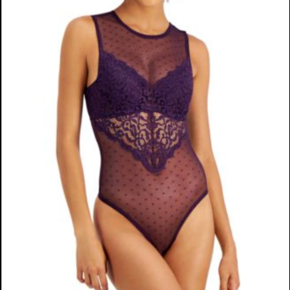 INC International Concepts Sheer Swiss Dot Cupped Bodysui Purple Dynasty S